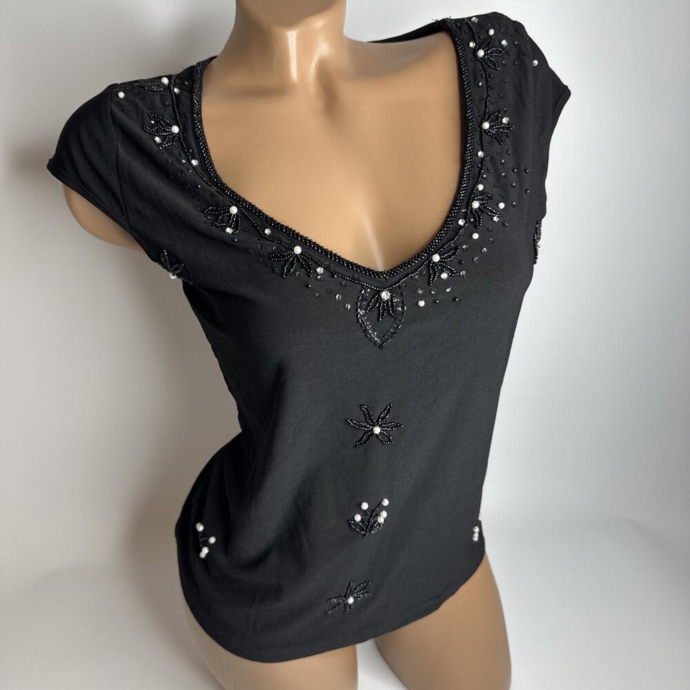 Y2K Whimsigoth Black Beaded Top Medium Vintage Pearl Embellished Fairycore Goth